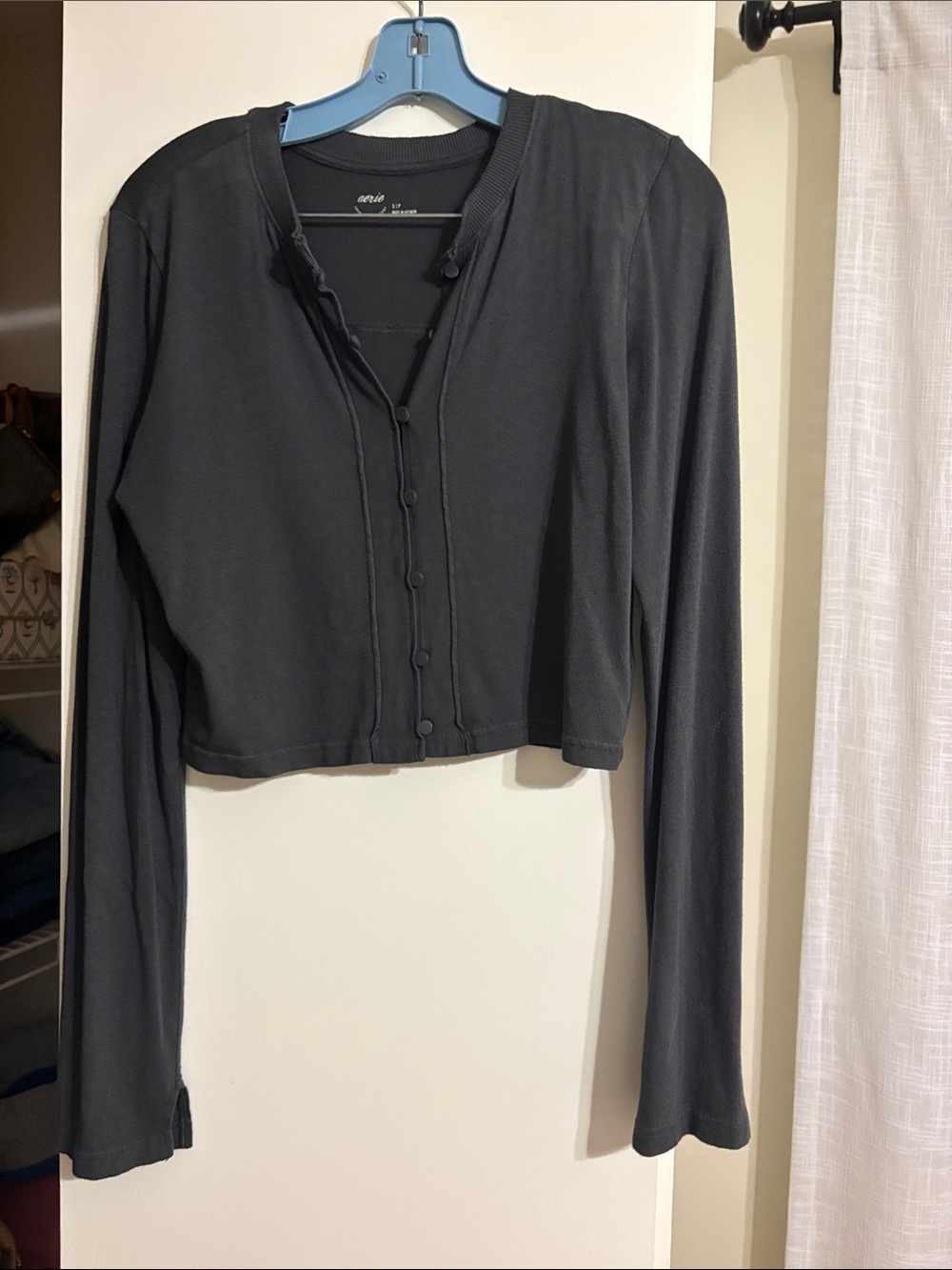 Charcoal Gray Cropped Button-Front Long-Sleeve Top by aerie